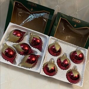 Vintage Mercury Glass Pinkish Red and Gold Round And Teardrop Ornaments 2 Boxes